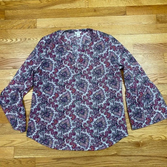 J.Crew Paisley V-Neck Blouse Womens Small Pink Purple Bell Sleeve Boho Retro - Picture 2 of 10